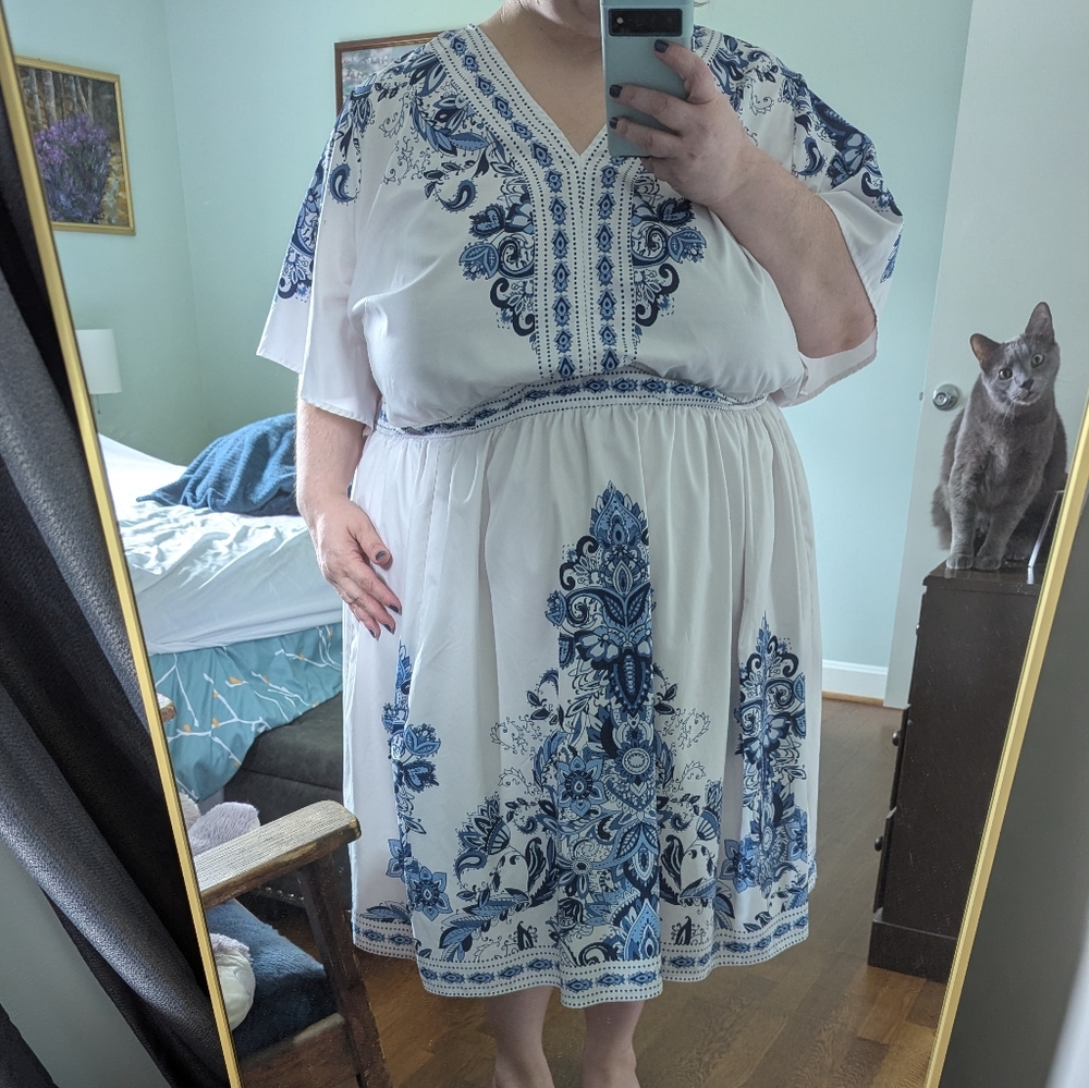 BloomChic Size 30 White and Blue Boho Dress